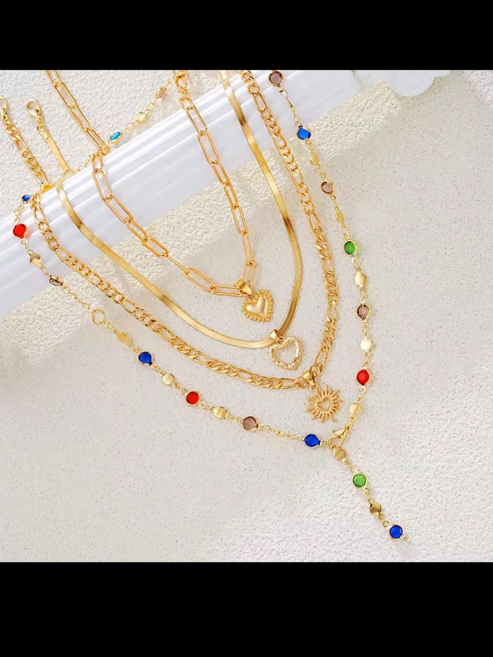 Gold Layered Heart & Sun Necklace with Multicolor Stones - Picture 6 of 10